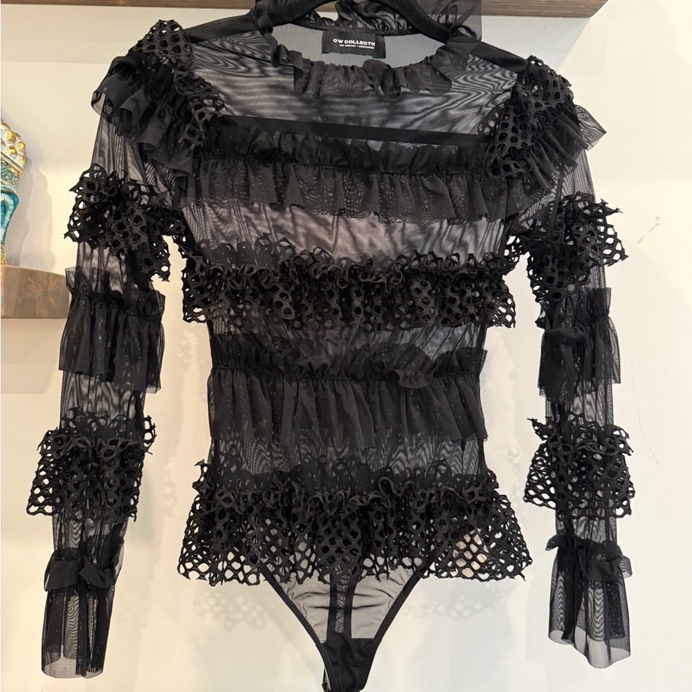 Black Lace Ruffle Bodysuit